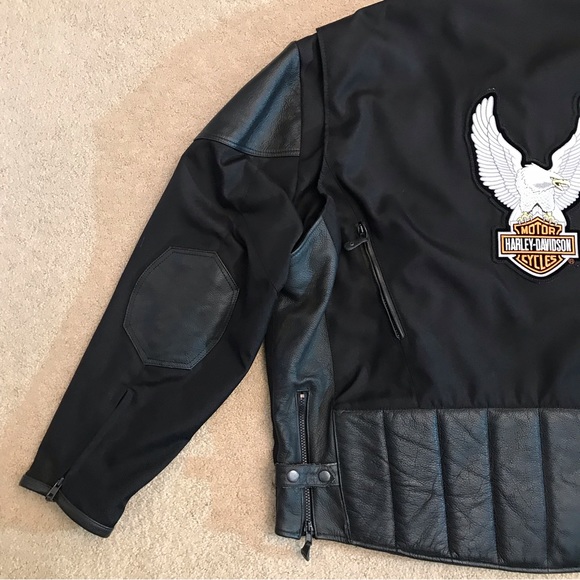 Mens Leather Nylon Motorcycle Riding Jacket Size 54 2X Black Harley Patches - Picture 11 of 16